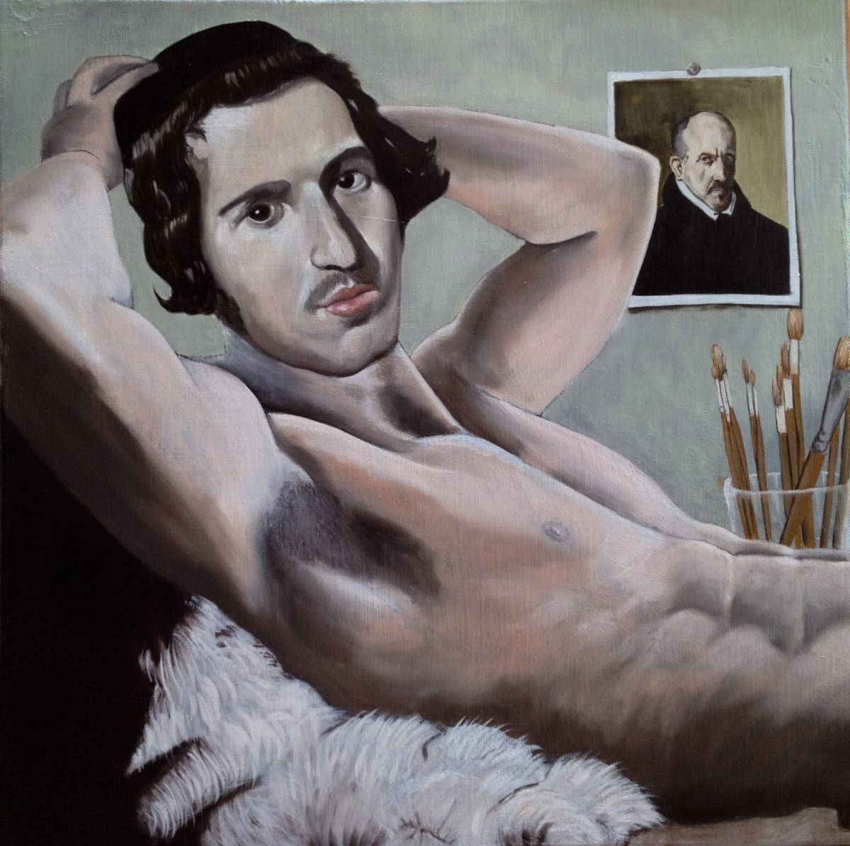 NAKED VELAZQUEZ #2 by Philippe Walker  Image: Based on the portrait of a young man by D Velazquez. Relaxed lying on a bear skin in front of one of his creation (a painting of an old man)