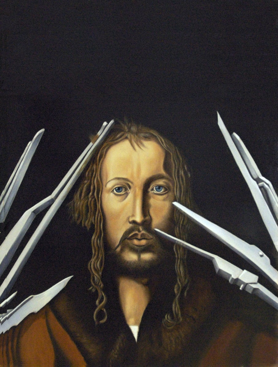 ALBRECHT SCISSORHANDS by Philippe Walker  Image: The wonderful, almost christic, hair of Albrech Dürer, destroyed by the sharp fingers of scissorhands.