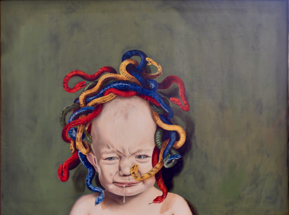 L'ENFANCE DE LA MÉDUSE (2)  /BABY MEDUSA (2) by Philippe Walker  Image: A new version on an oak wood panel of the representation of Medusa as a child realizing who she is.