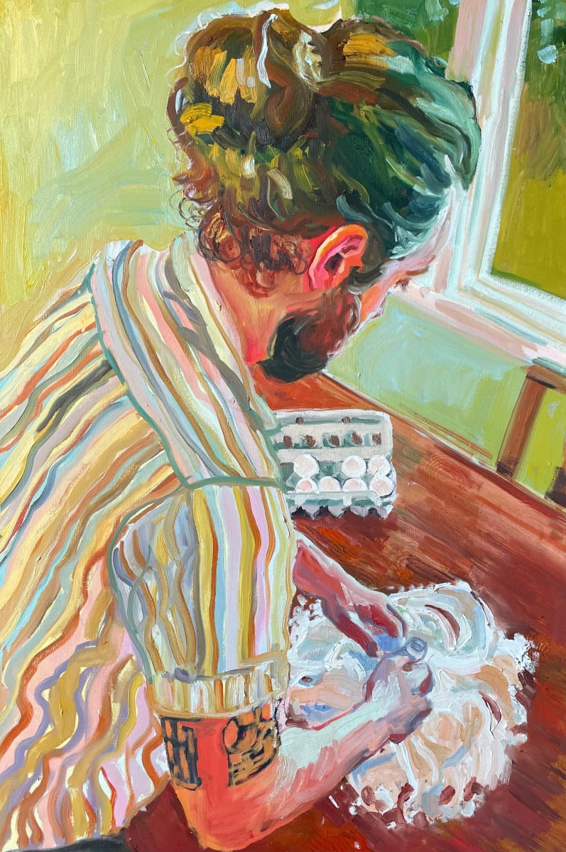 The Pasta Maker by Lauren Karjala  Image: Sam makes pasta. This is a reflection of the act of creation - the importance of artists using their hands to create. Warm light hits his back as cool light enters through the window. The scene outside is the yard in the spring - bright greens of the lilac bush just before it blooms. His turned away posture marks the artist as an observer rather than a participant in this scene. 