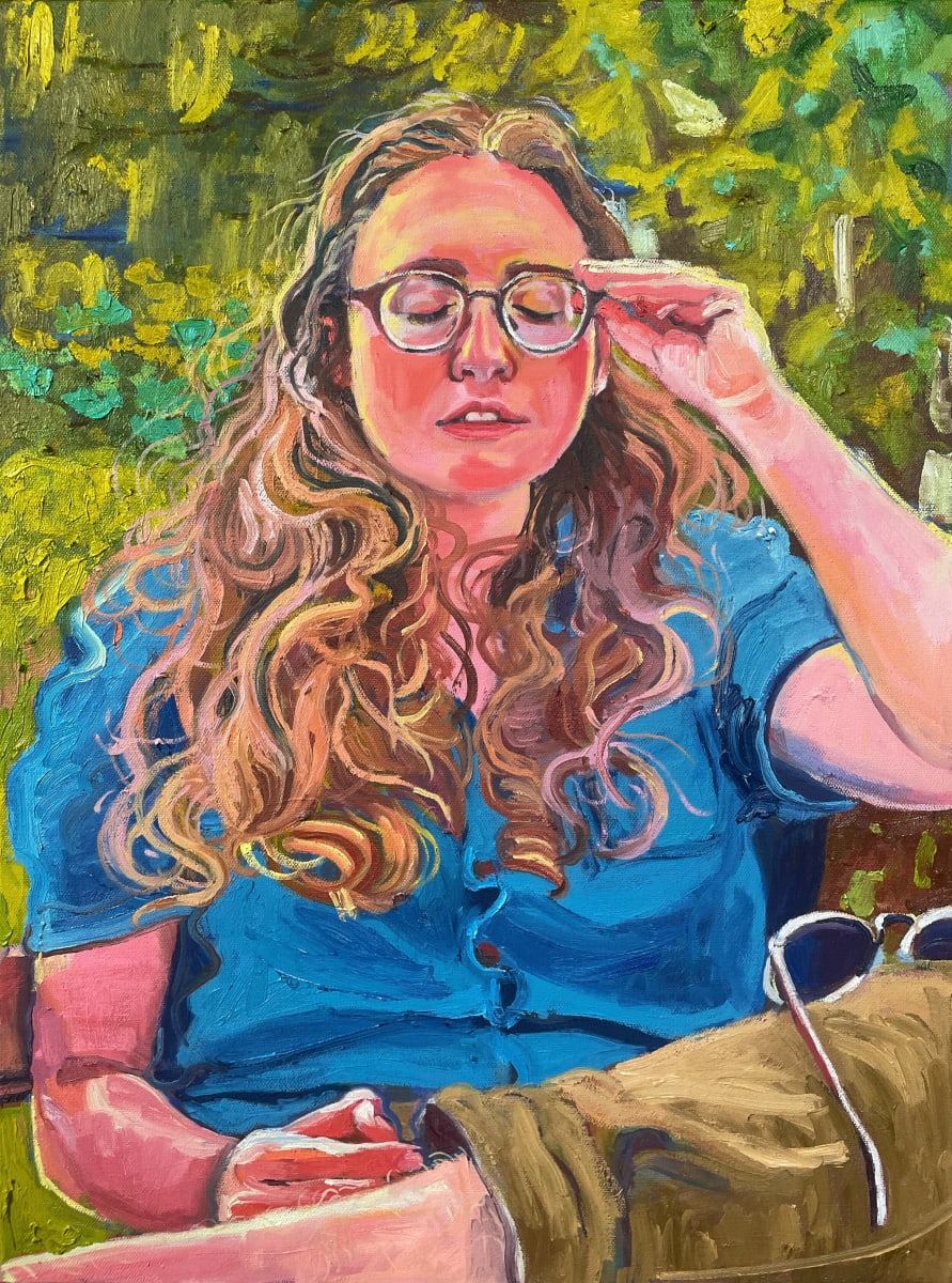Borrowed Glasses (Stace) by Lauren Karjala  Image: Poem written for this painting: 
When we expand our vision we find
What we were most afraid to see
Becoming our greatest opportunity to open 
/
Stace recently visited my studio and we had a number of great conversations that day. They offered me encouragement and truly useful critique, which has been much needed. One piece of advice they offered, however, filled my whole body with resistance. It was an unexpectedly visceral response, and I openly refused it as “not for me.” Later as we were walking out of the building, Stace said to me (approximately), “You know, Lauren, sometimes the things we are the most resistant to are our greatest opportunities for growth.” And I will always think about that.