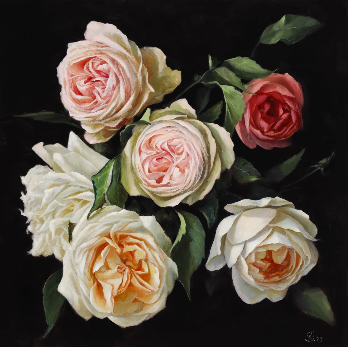 Roses (EDEN, KOSMOS, DESDEMONA, STRAWBERRY HILL ) by Kristine Skipsna  Image: Botanisches Ölgemälde „Rosen (Eden, Kosmos…)“ – von Kristine Skipsna