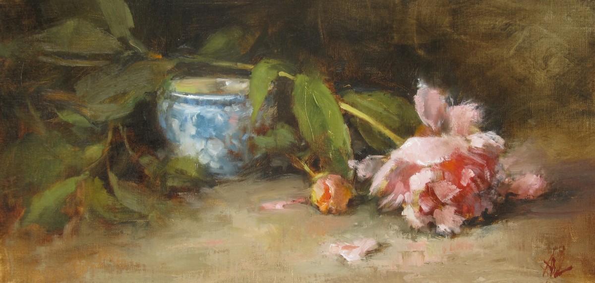 Peonies with Blue Teacup by Lamya Deeb 