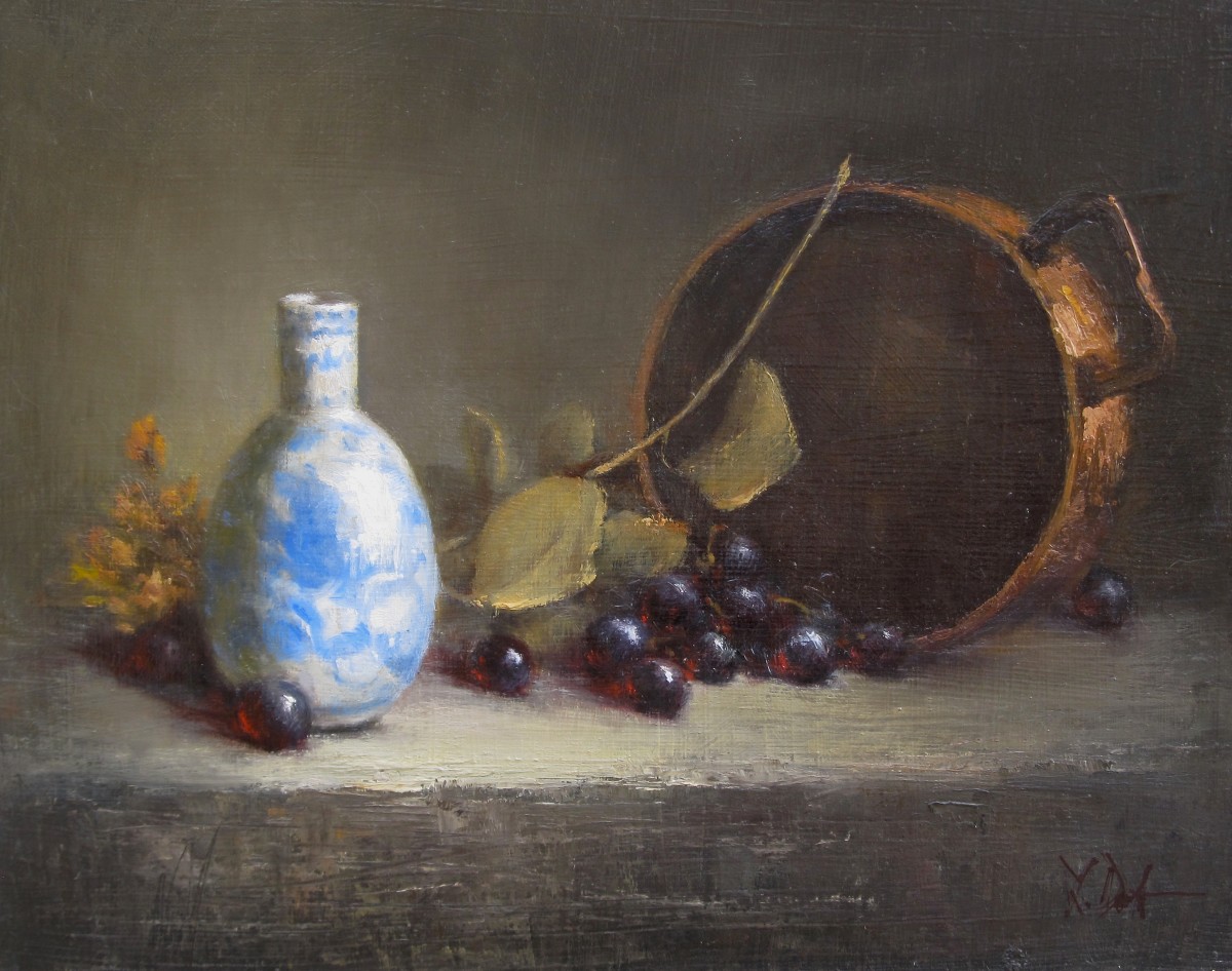 Sake Jug, Copper Pot & Grapes by Lamya Deeb 