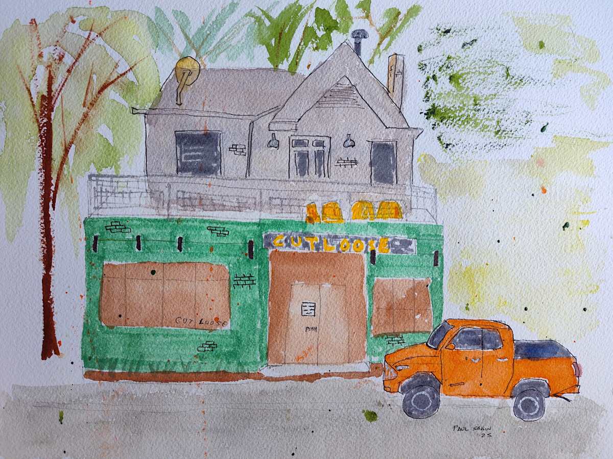 Gotta Cut Loose by Paul Shain  Image: Cutloose at 1711 Westheimer Rd in the Montrose neighborhood of Houston, TX. Painted during an outing with Urban Sketchers Houston on August 9, 2025.