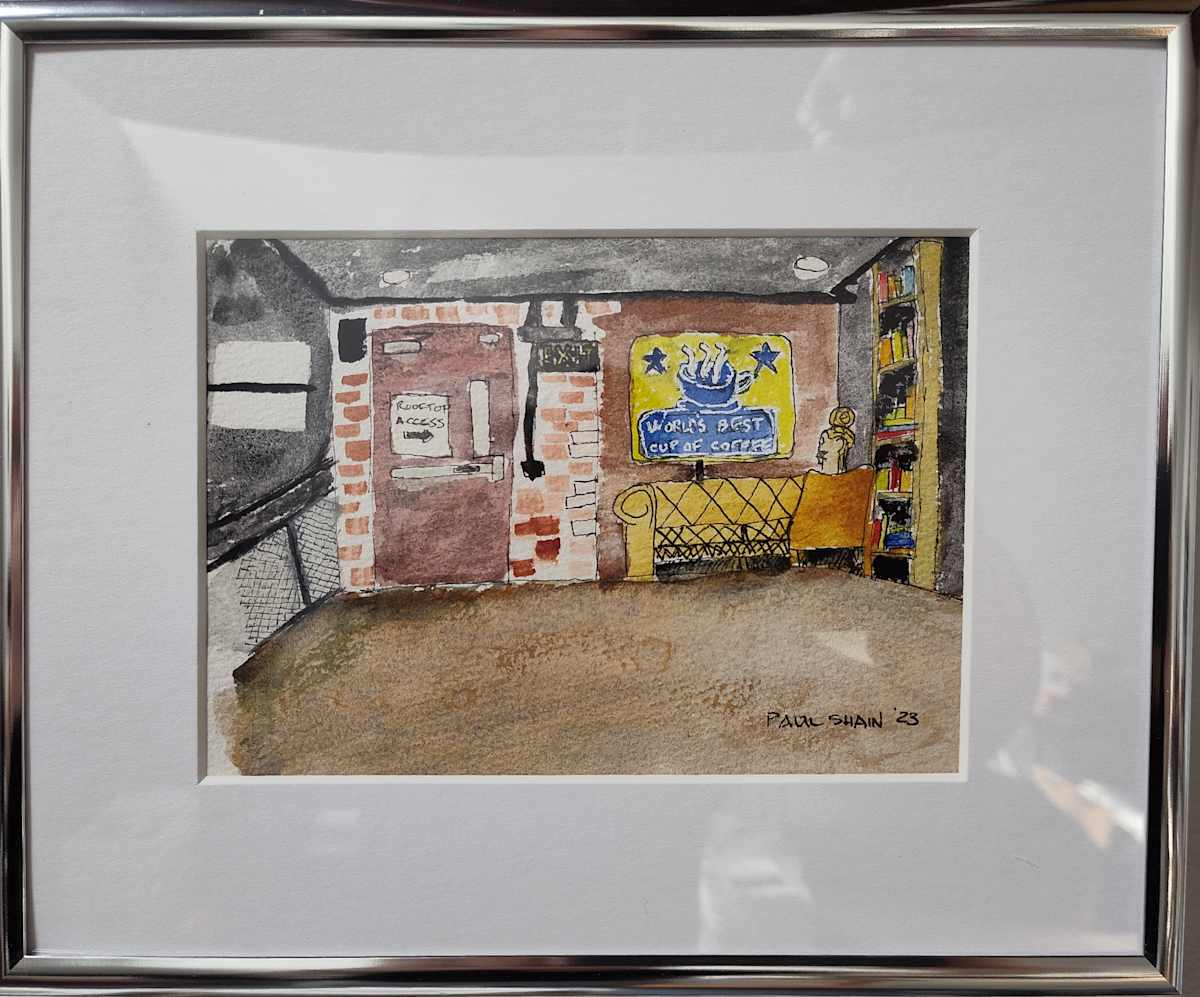 Coffee House 7-30-23 by Paul Shain  Image: Final. Framed.