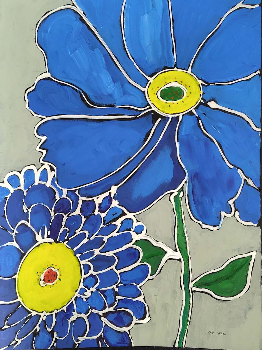 Blue Cosmos and Zinnia by Paul Shain  Image: Signed and trimmed for WAS-H Sales Gallery