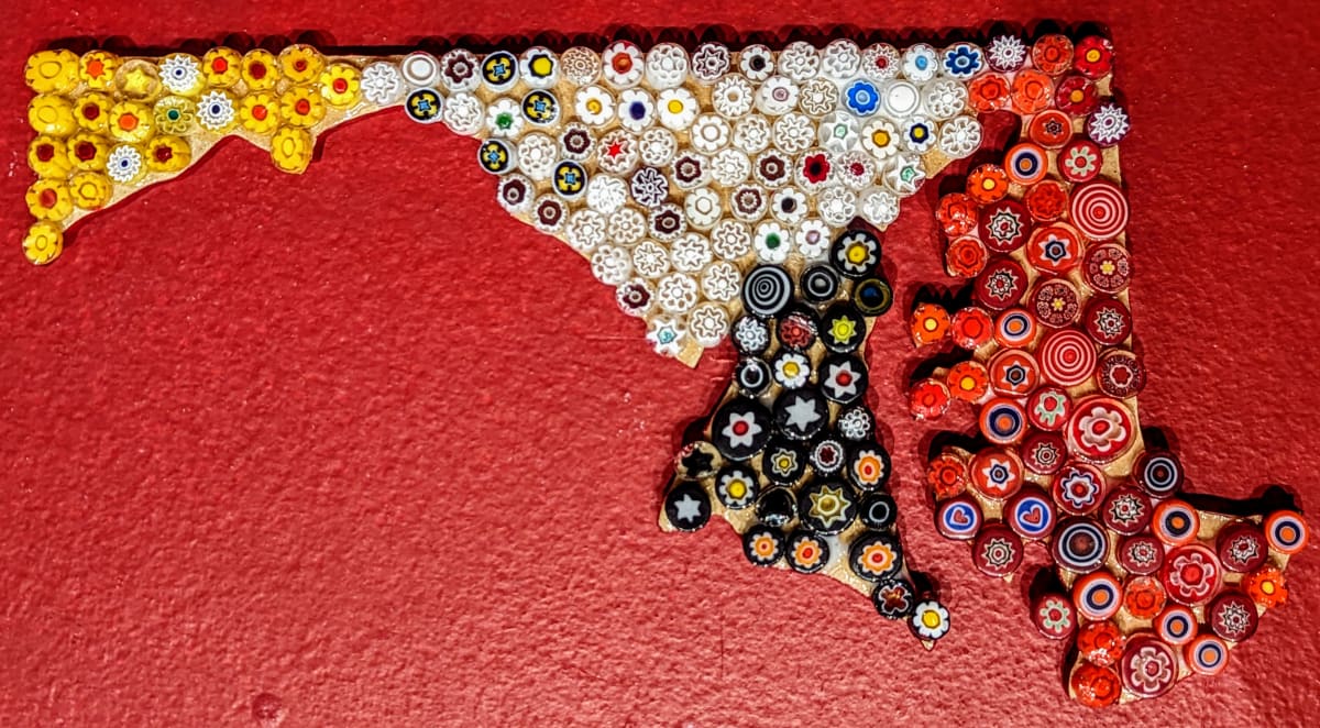 Maryland Millefiori by Emily Stevens  Image: Maryland covered in millefiori in red, black, gold, and white