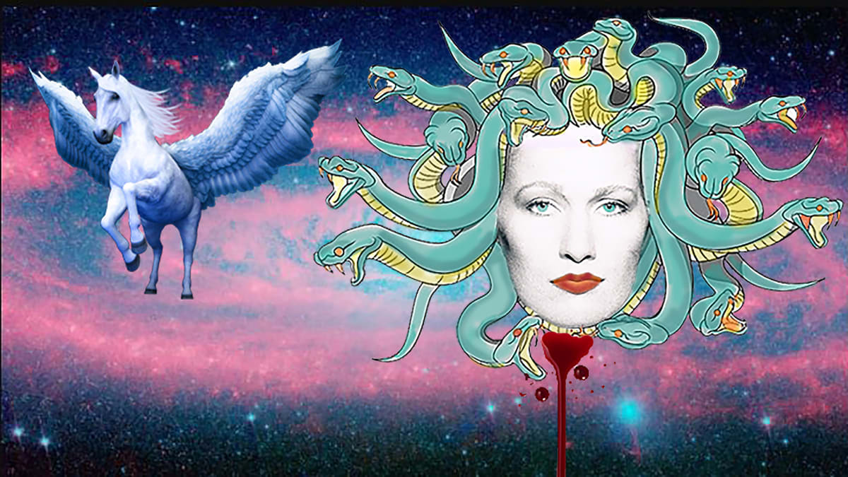 BIRTH OF PEGASUS by Linda Leftwich  Image: Image 1 in series The Myth of Pegasus - Print on demand.
Medusa giving birth to Pegasus