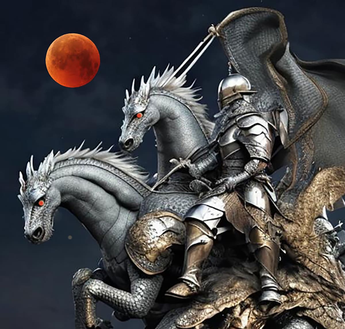 BLOOD MOON KNIGHT RIDER by Linda Leftwich  Image: Hong Chi Lin two headed dragon horse