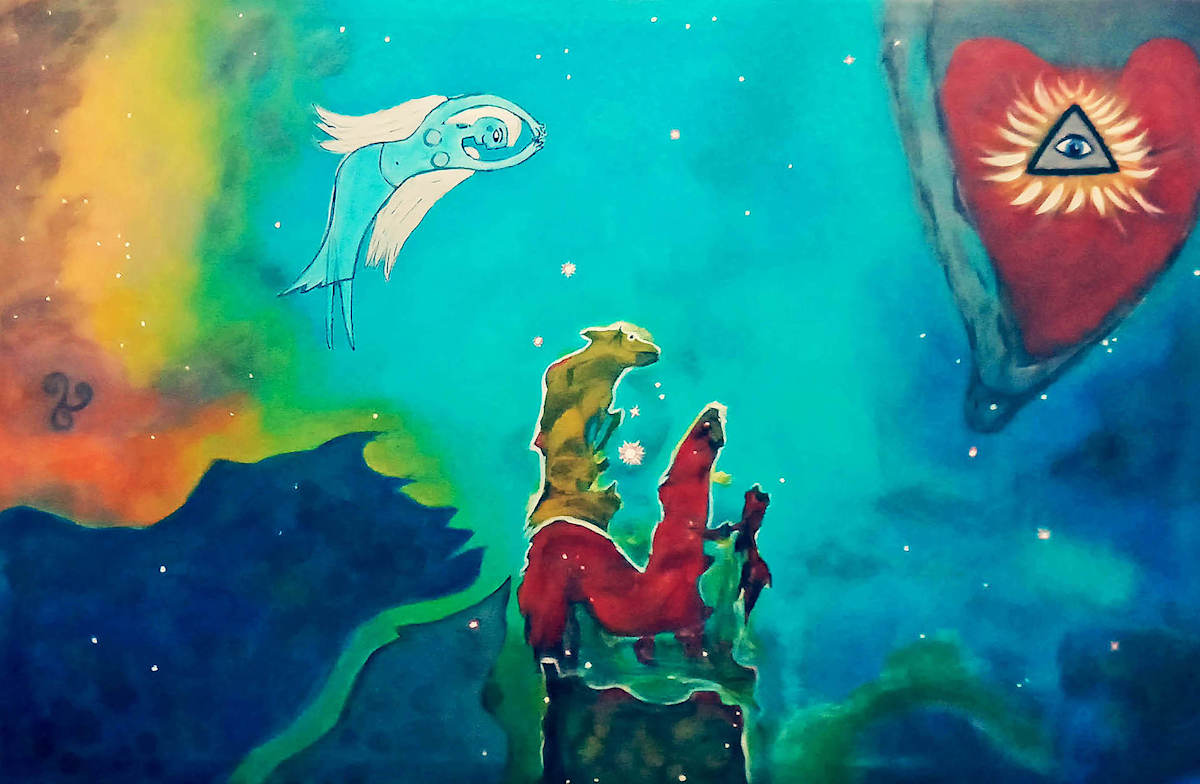 CELESTIAL TOURIST by Linda Leftwich  Image: Virgo Goddess Shala flying over The Pillars of Creation 