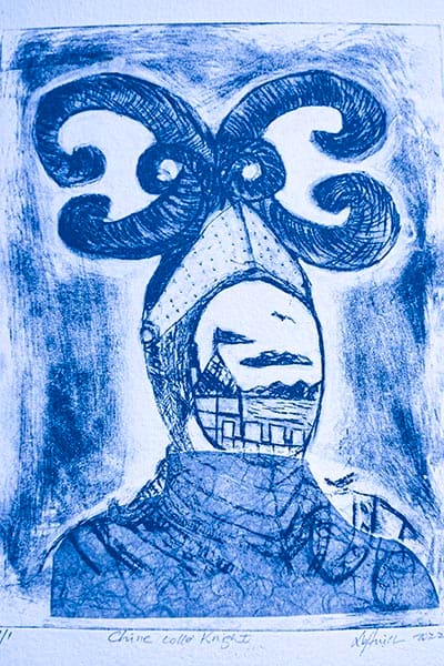 BLUE KNIGHT by Linda Leftwich  Image: Chine Colle` Knight with blue filter
