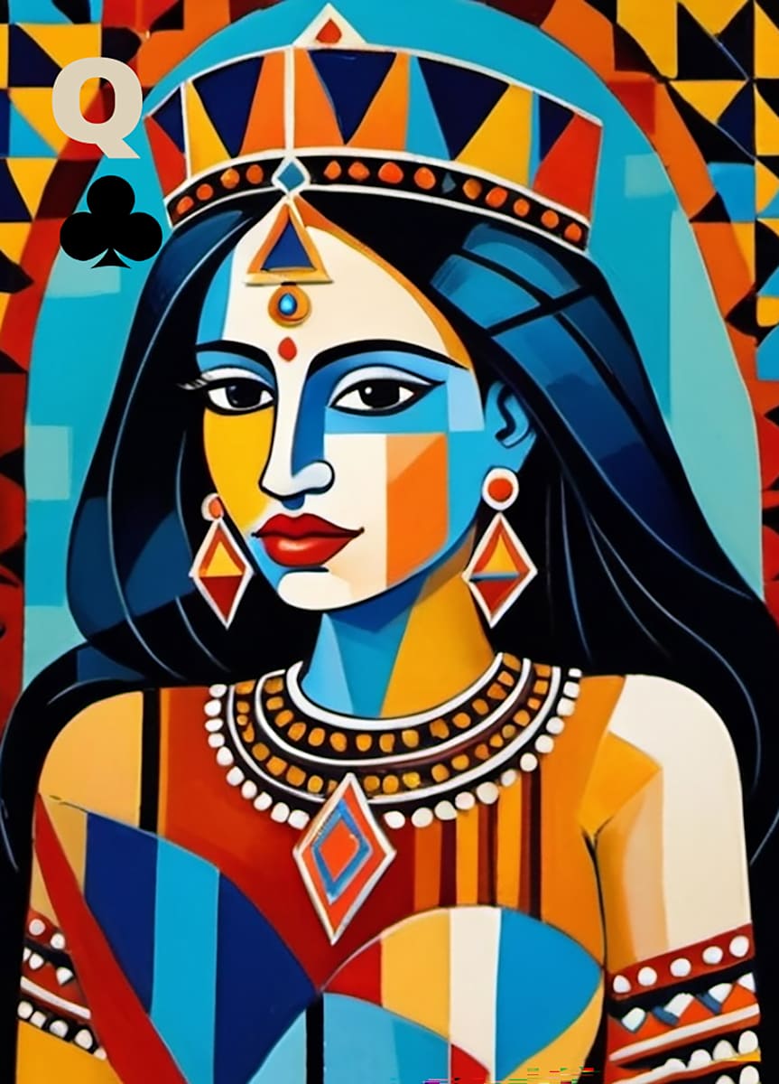 LAKSHMIBAI - QUEEN OF CLUBS by Linda Leftwich  Image: Rani Lakshmibai (1828-1858) a leader in the rebellion against the British expressed as the Queen of Clubs