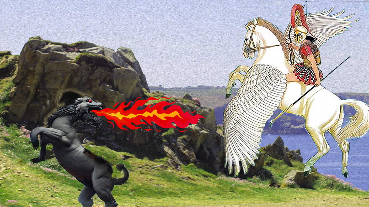 SLAYING THE CHIMERA by Linda Leftwich  Image: Image 2:  Art Series The Myth of Pegasus
The hero Bellerophon rides Pegasus to slay the Chimera