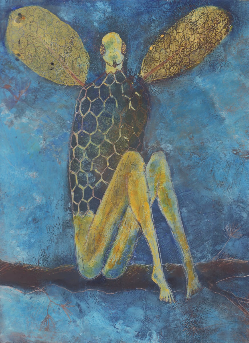 Bee Man by Laurel Antur  Image: Bee Man sits on a branch in his dapper sweater but forgot his pants. 