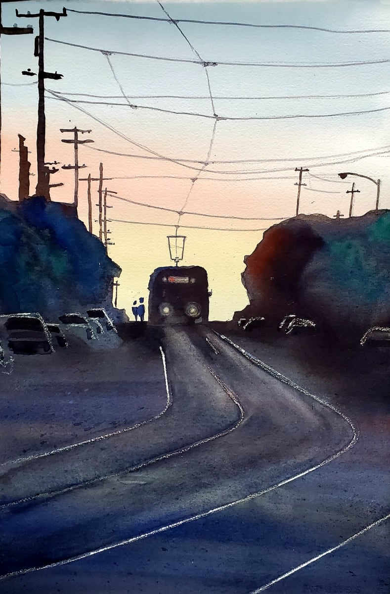 Streetcar in the Sunset by Andy Forrest,  SeismicWatercolors  Image: Streetcar in the Sunset