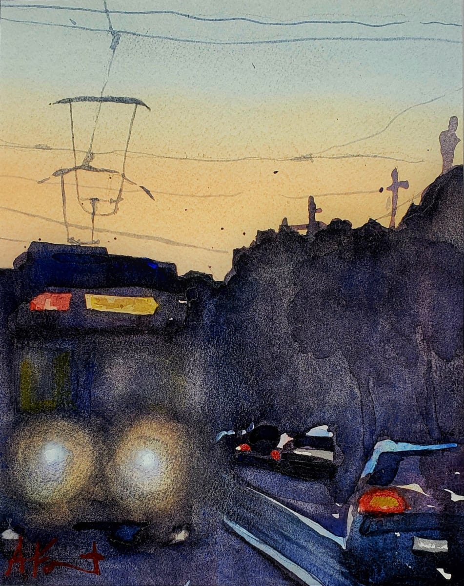 The 'L' streetcar at Dusk, S.F. by Andy Forrest,  SeismicWatercolors  Image: The 'L' streetcar at Dusk, S.F.