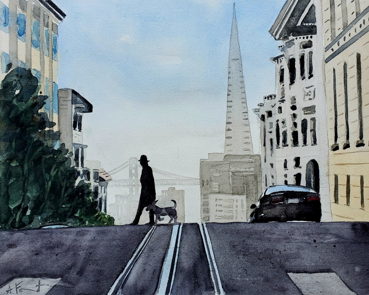 Washington St., Nob Hill, S.F., Ca. by Andy Forrest  Image: Man in a Black Hat Walking a Dog