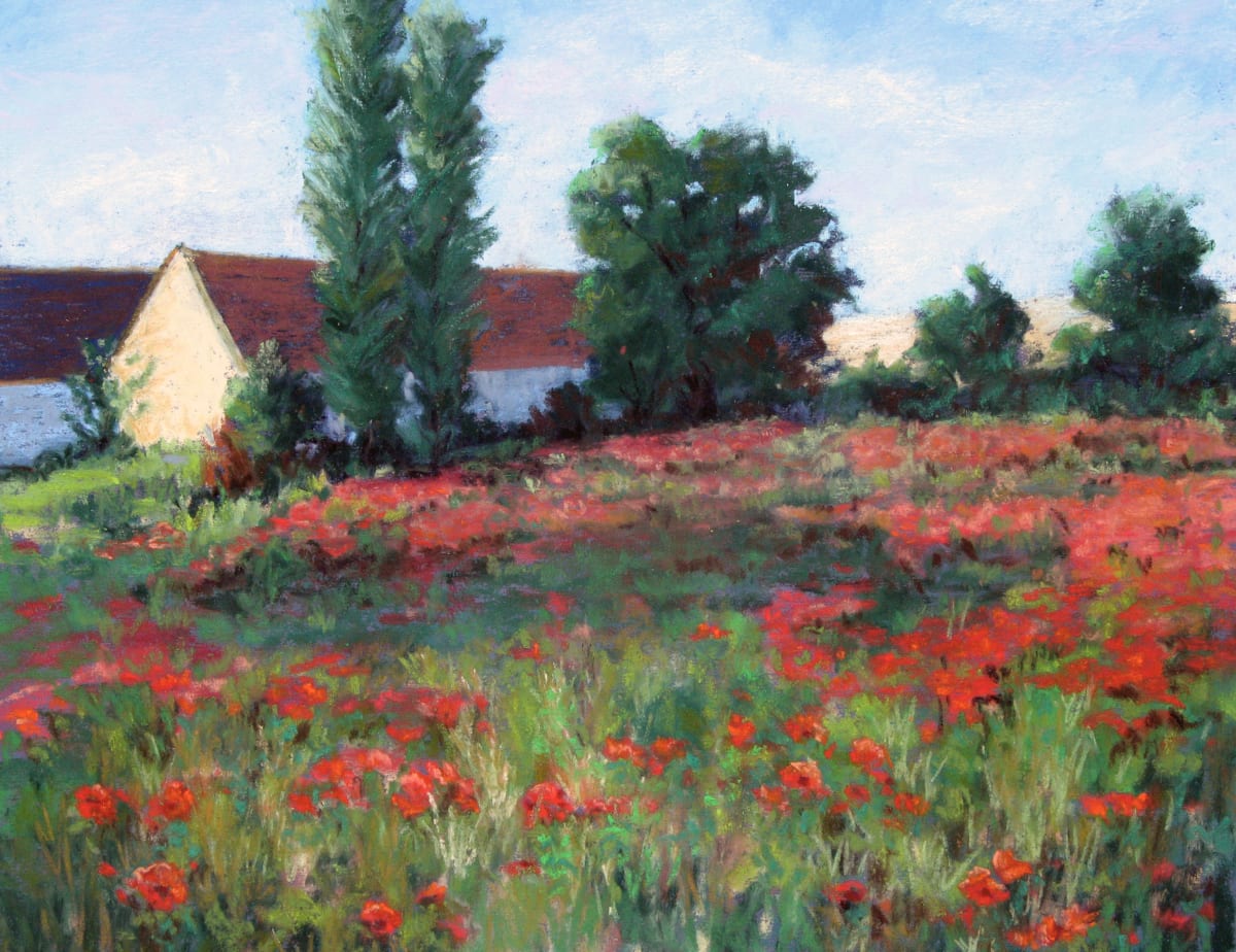 Poppy Field & Barns  Image: Poppy Field & Barns, Pastel