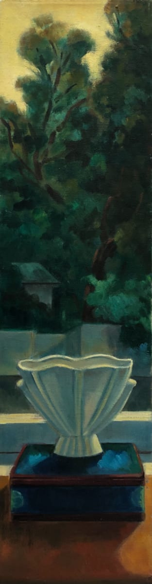 White Vase in front of Landscape by Ethel Fisher 