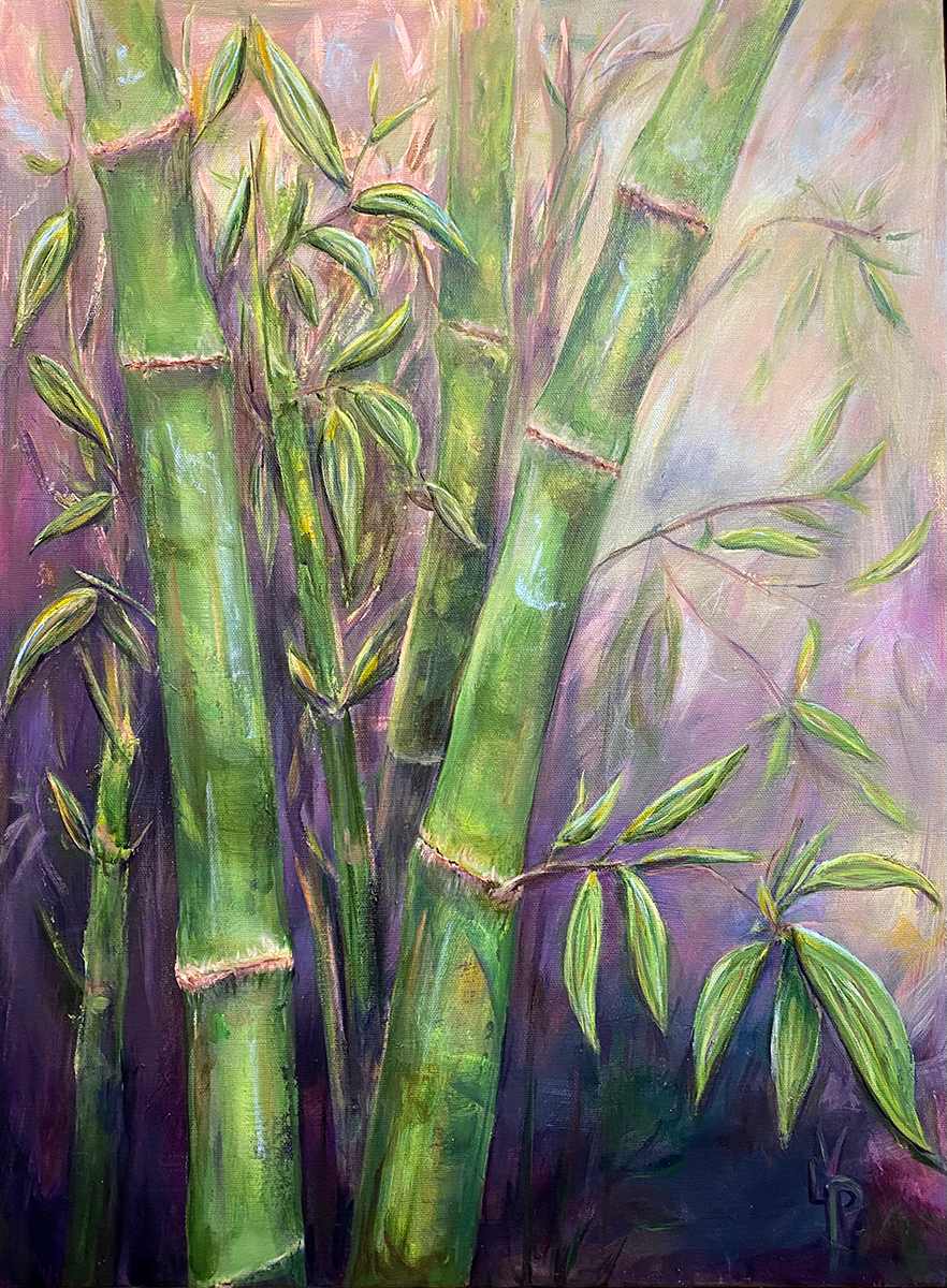 Peace, Love, & Bamboo by Delphine Peller  Image: "Peace, Love, & Bamboo" acrylic on canvas framed 20"w x 26"h