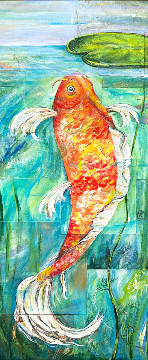 Koi Ascending by Delphine Peller  Image: "Koi Ascending"  Mixed media on masonite black frame with swirl embellishments 15” w x 24"h.