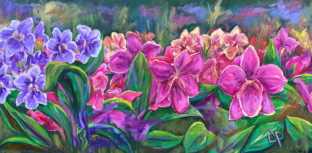 Orchid Row by Delphine Peller  Image: "Orchid Row" Acrylic on Canvas 15x30 boxed edges