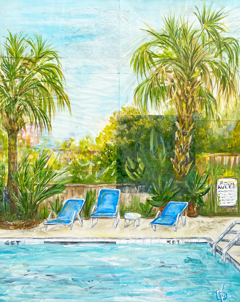 Poolside by Delphine Peller  Image: "Poolside" Mixed media on Masonite. Framed to 21” x 26 “ in a rustic dark blue wood frame.  Would love to go back to this vacation spot one day!
