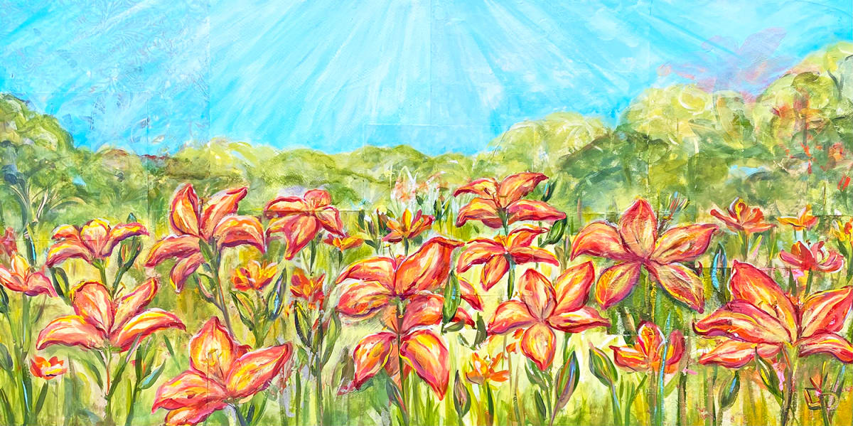 Salutations by Delphine Peller  Image: "Salutations" Mixed media on 36” x18” canvas. Not framed. Finished edges. 