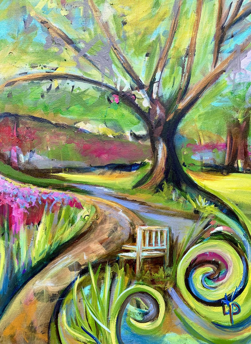Impressions from a Southern Garden by Delphine Peller  Image: "Impressions from a Southern Garden"  acrylic on canvas.  framed 16" x 20" in light natural wood float frame