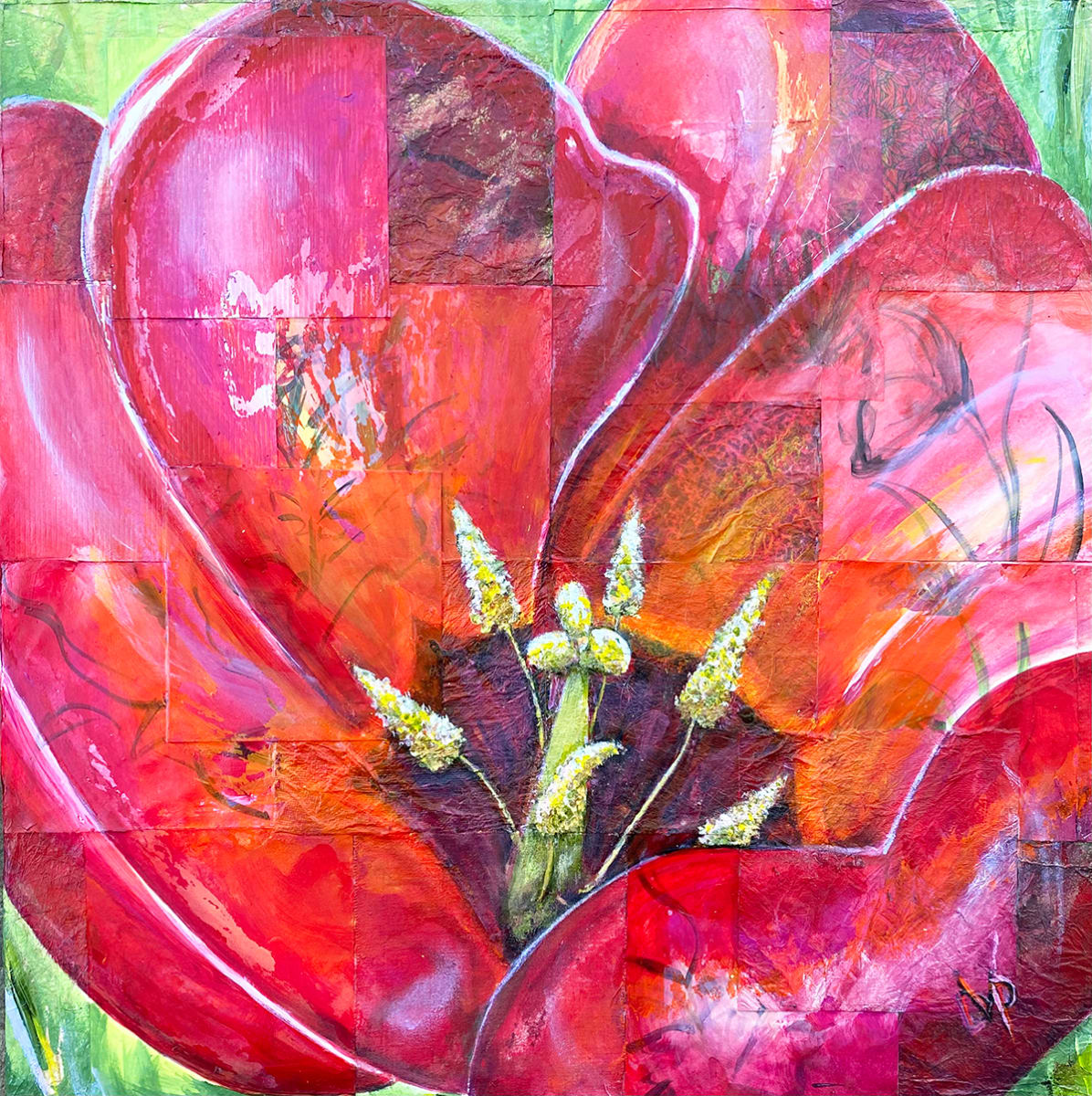 Spring Gala by Delphine Peller  Image: "Spring Gala" mixed media on canvas. framed 20"x20" 