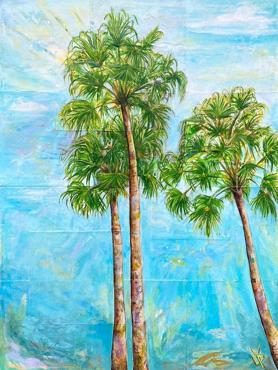 Trio by Delphine Peller  Image: "Trio" Mixed media on canvas. Slim natural wood floater frame 20” x 26”