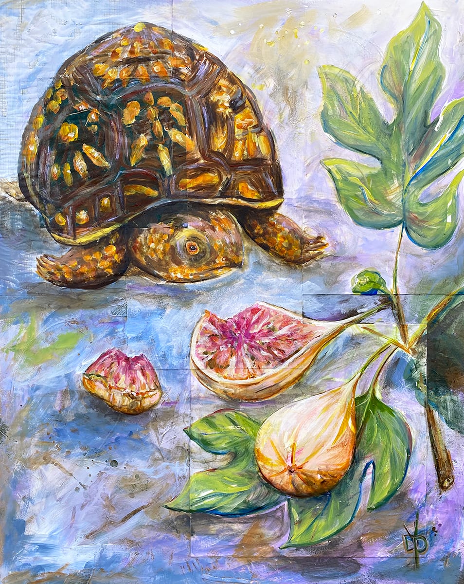 Turtle & Fig by Delphine Peller  Image: "Turtle & Fig" Mixed media on cradled panel. framed in walnut w/gold face float frame 18"x22"