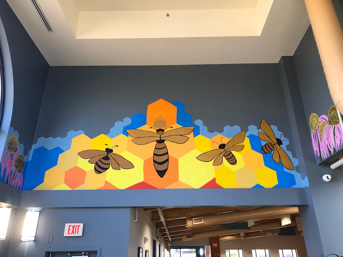 2025 Honeybee Mural by Frances Byrd  Image: Honeybee mural, approximately 10x20 feet, located approximately 10 feet above ground level