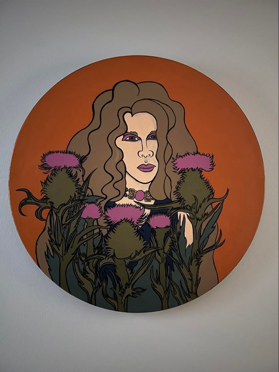 Thistle Queen by Frances Byrd  Image: Thistle Queen, Enamel on Red Oak, 28 inches round, 2021