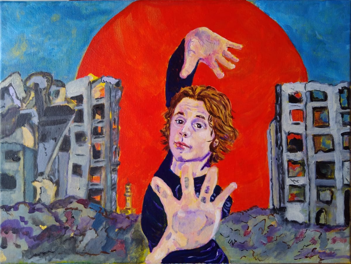 Fudgesicle/Apocalypse - 7 generations - Impact de la guerre/Impact of War by Helene Montpetit  Image: A young man nearing the age of military service dances amidst the ruins of a bombed out scene, his left hand making a tentative “stop!” gesture. His facial expression is both sad and stunned. Is killing or being killed the fate we wish on our children?