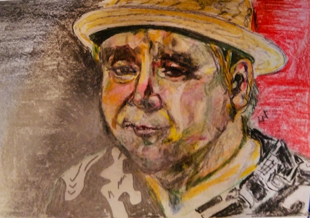 Bluesman by Helene Montpetit  Image: One of my first portraits, this sketch was done from a photograph of Durham County Poets lead singer Kevin Harvey in performance.