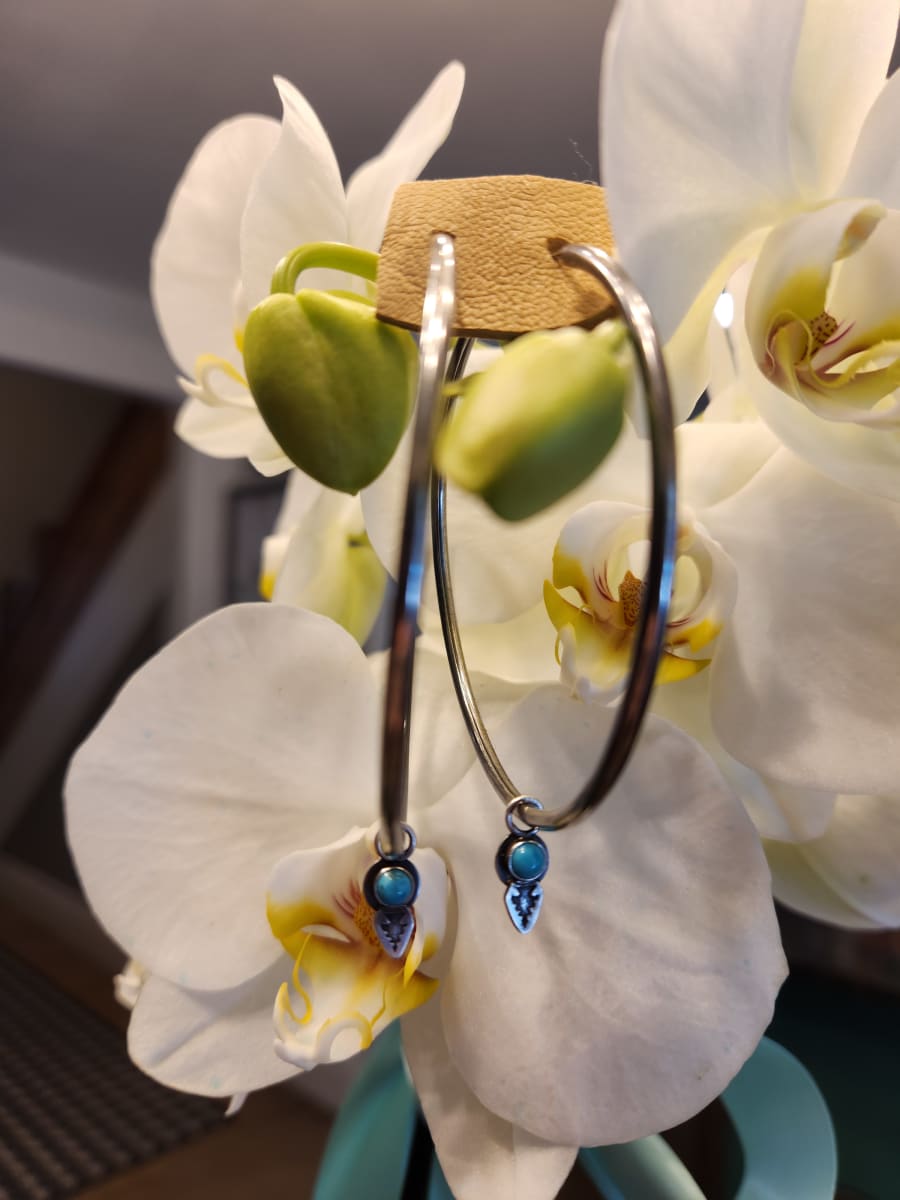 "Infinite Arrow Earrings" - Lightweight Sterling Silver Hoop Earrings with Dainty Kingman Turquoise and Arrow - Preorder by Shasta Brooks  Image: All Art © Shasta Brooks Studio LLC