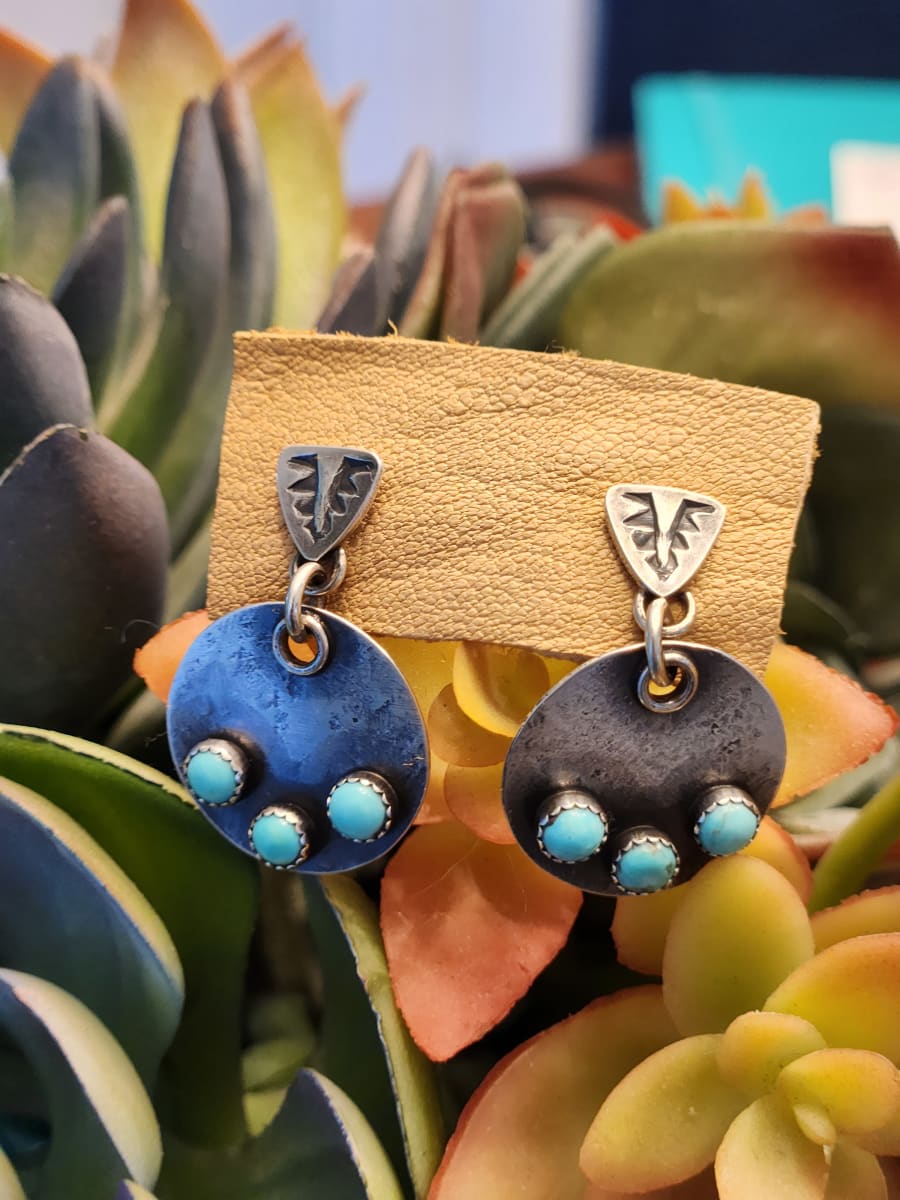"Rustic Rounds" with Triple 4 mm Kingman Cabochons, Sawtooth Bezels, and Stamped Triangle Post Sterling Silver Earrings - Art Is by Shasta Brooks  Image: All Art © Shasta Brooks Studio LLC