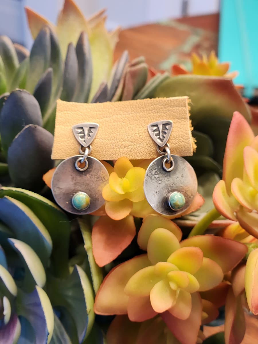 "Rustic Rounds" with Solo 5 mm Kingman Cabochons, Minimalist Smooth Bezels, and Stamped Triangle Post Sterling Silver Earrings - Art Is by Shasta Brooks  Image: All Art © Shasta Brooks Studio LLC