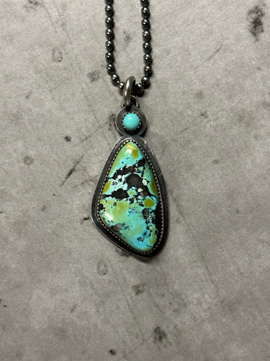 "Butterfly Wing Pendant" - Natural Black Hills Turquoise with Kingman turquoise Accent in Sterling Silver 1 of 4 by Shasta Brooks  Image: All Art © Shasta Brooks Studio LLC