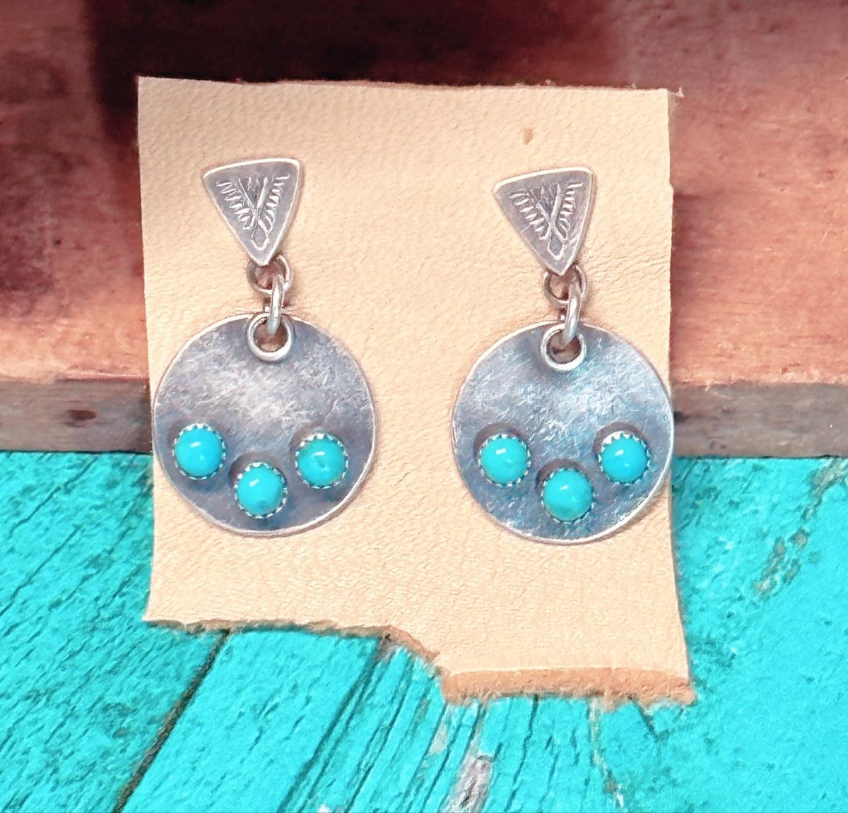 "Three Stone Stamped Luna Earrings" - Sterling Silver and Kingman Turquoise, Triangle Stamp Detail by shasta brooks studio  Image: All Art © Shasta Brooks Studio LLC