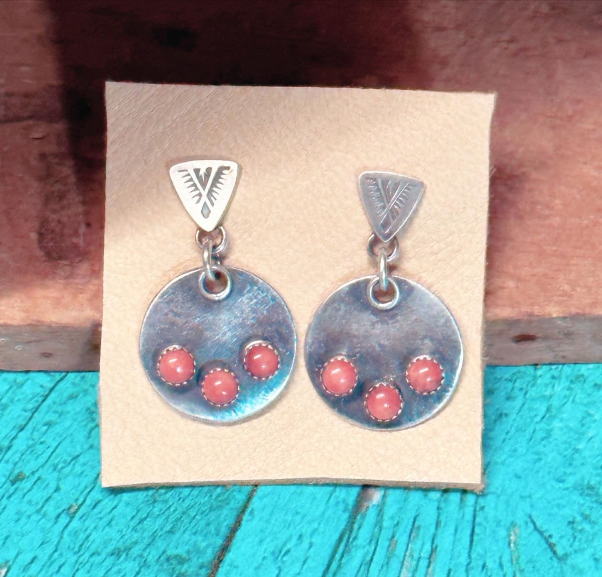 "Three Stone Stamped Luna Earrings" - Sterling Silver and Spiney Oyster, Triangle Stamp Detail by Shasta Brooks  Image: All Art © Shasta Brooks Studio LLC