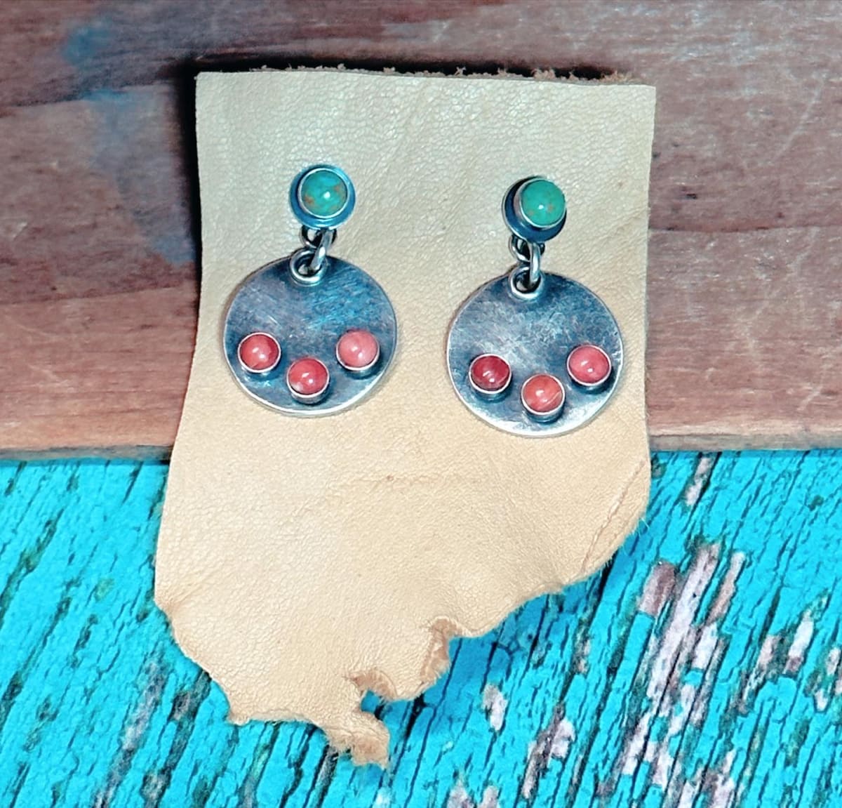 "Christmas Sauce Luna Earrings" - Sterling Silver, Spiney Oyster, and Kingman Turquoise Posts, Smooth Bezels by Shasta Brooks  Image: All Art © Shasta Brooks Studio LLC