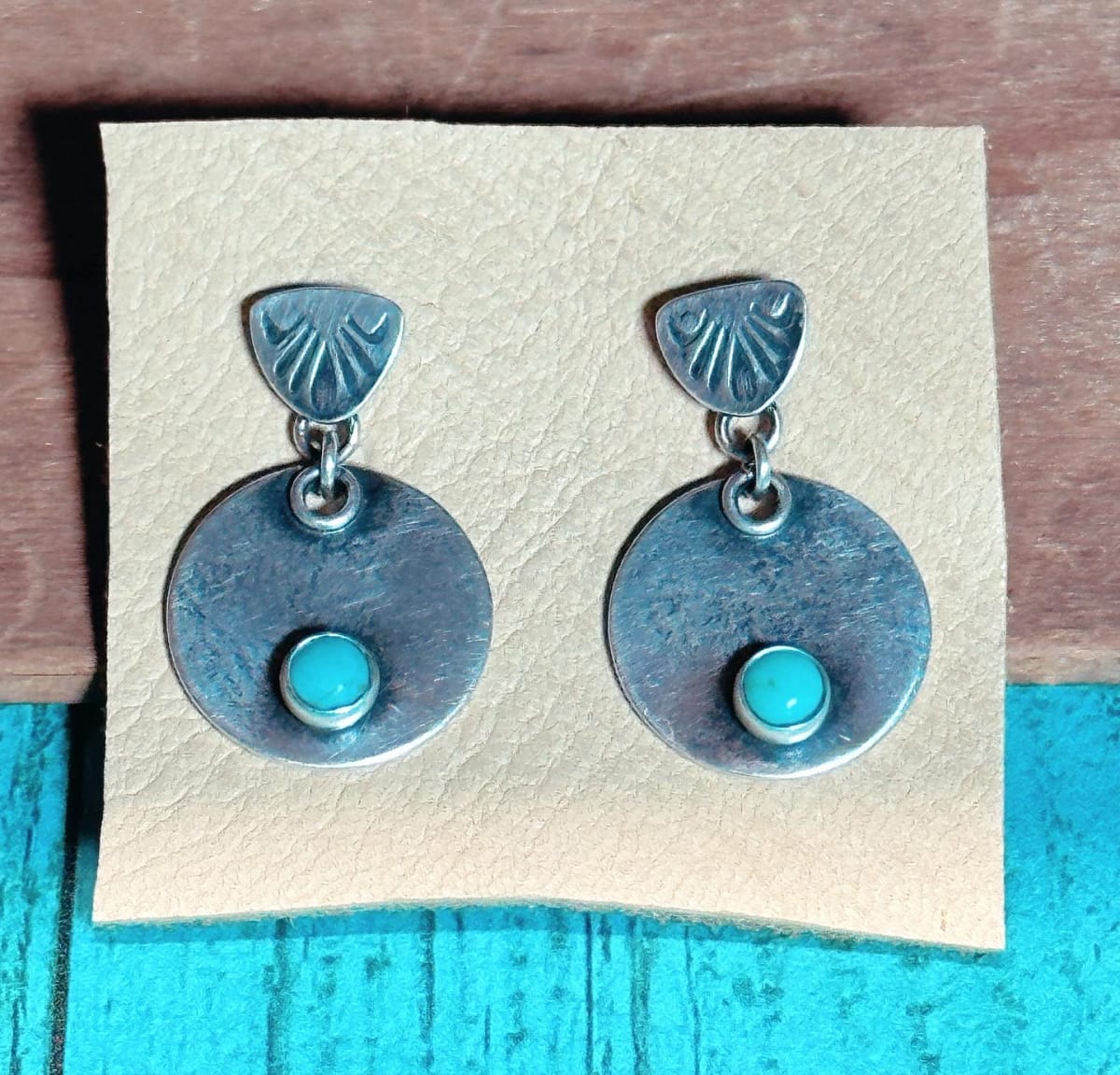 "Single Stone Stamped Luna Earrings" - Sterling Silver and Kingman Turquoise, Shell Stamp Detail by Shasta Brooks  Image: All Art © Shasta Brooks Studio LLC