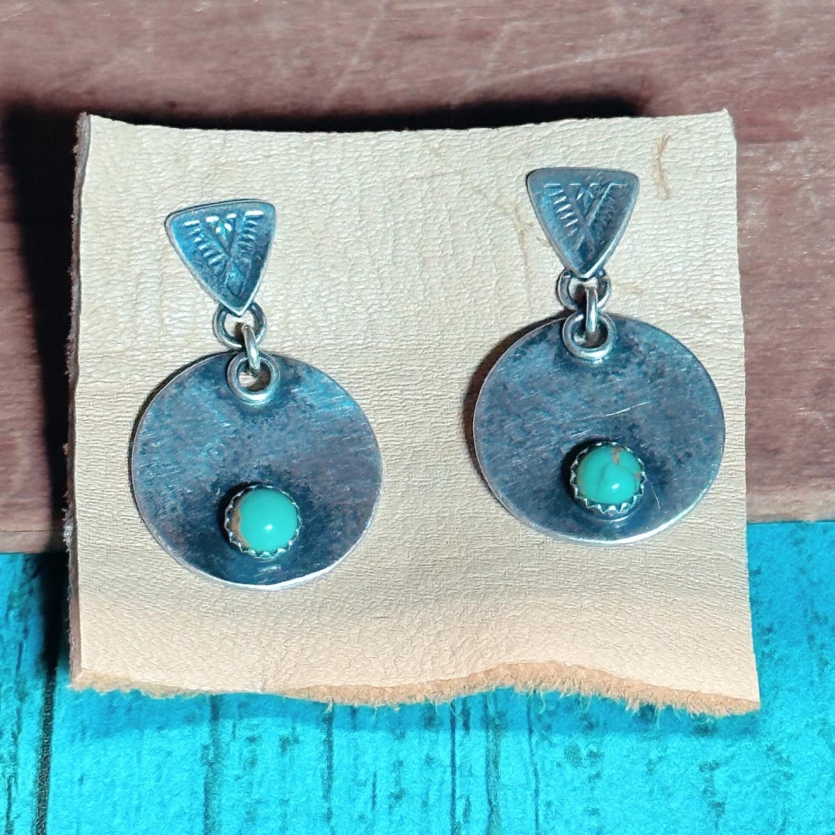 "Single Stone Stamped Luna Earrings" - Sterling Silver and Kingman Turquoise, Triangle Stamp Detail by shasta brooks studio  Image: All Art © Shasta Brooks Studio LLC