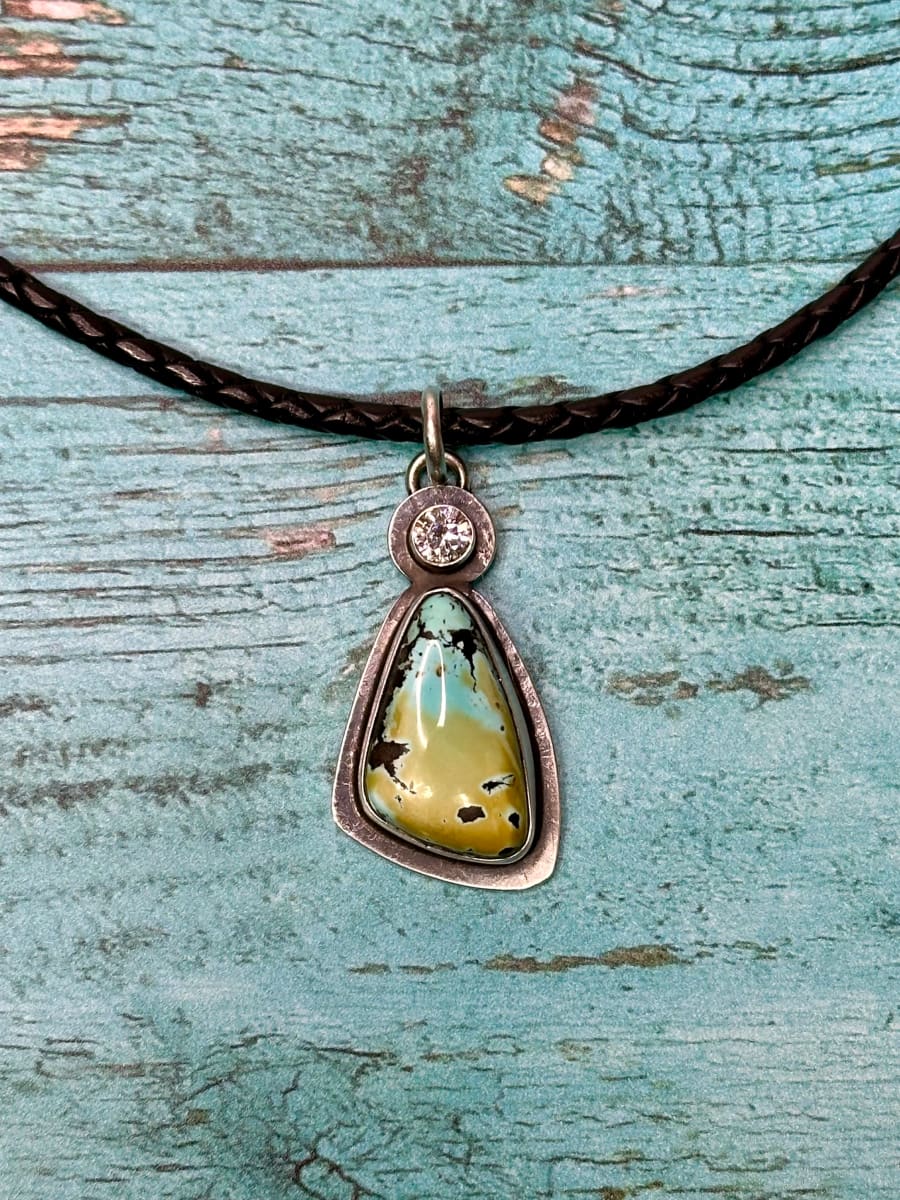 "Butterfly Wing Pendant" - Natural Black Hills Turquoise and CZ on Black Braided Leather Choker by Shasta Brooks  Image: All Art © Shasta Brooks Studio LLC