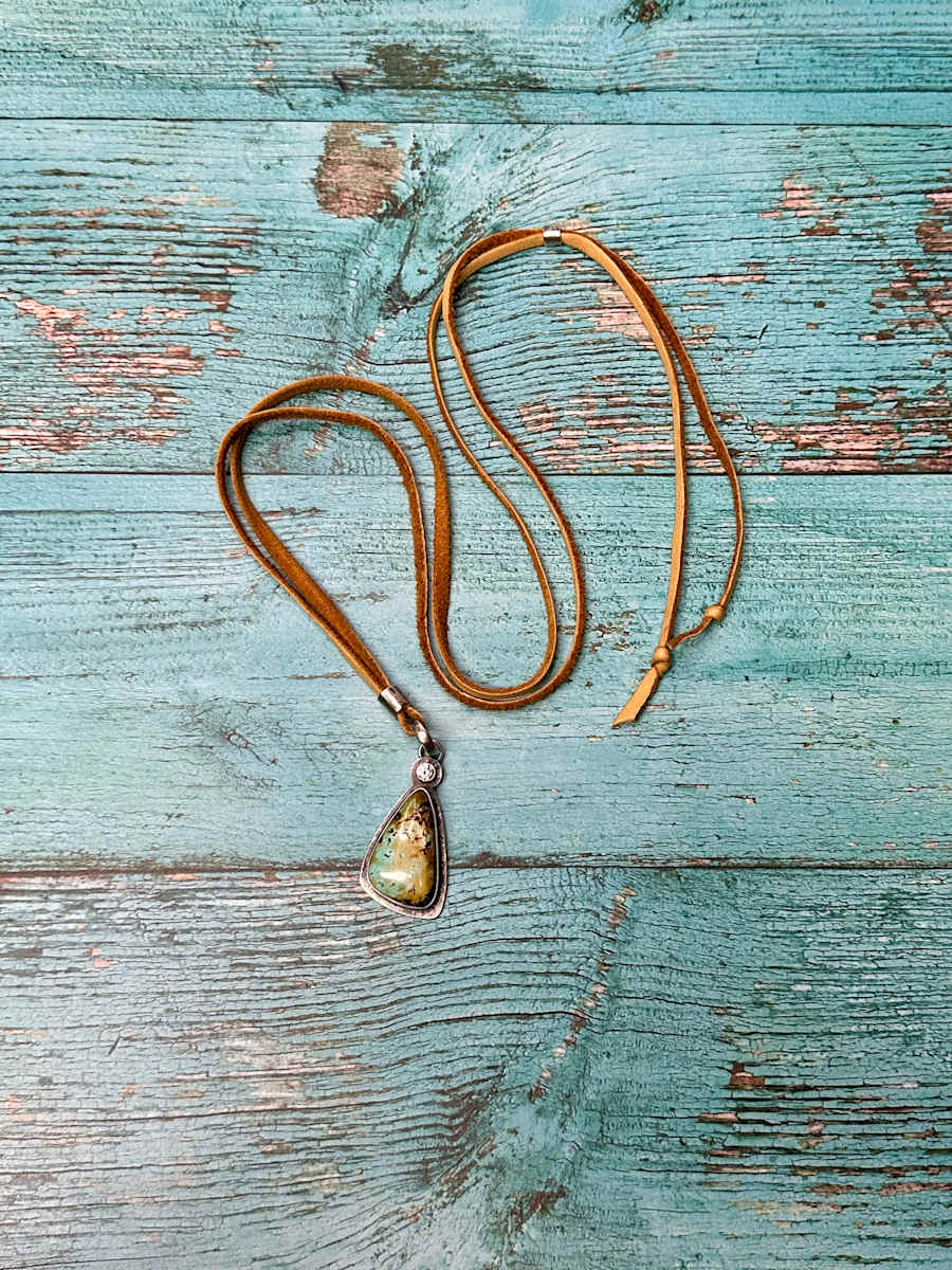 "Butterfly Wing Pendant" - Natural Black Hills Turquoise and CZ on Adjustable Deerskin Leather Lace by shasta brooks studio, Image 7.
