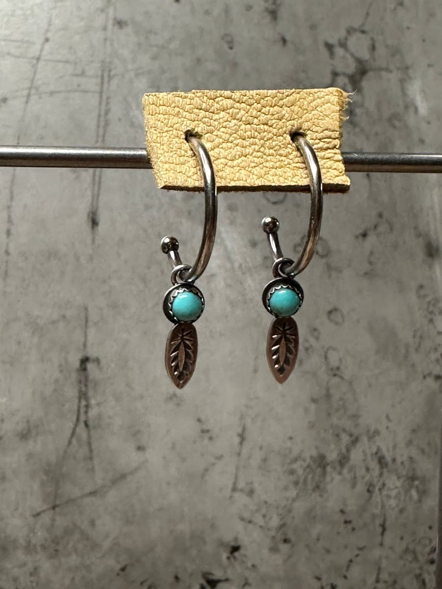 "Turquoise Feather Charmed Hoops" - Kingman Turquoise with Sawtooth Bezel 2 of 2 by Shasta Brooks  Image: All Art © Shasta Brooks Studio LLC