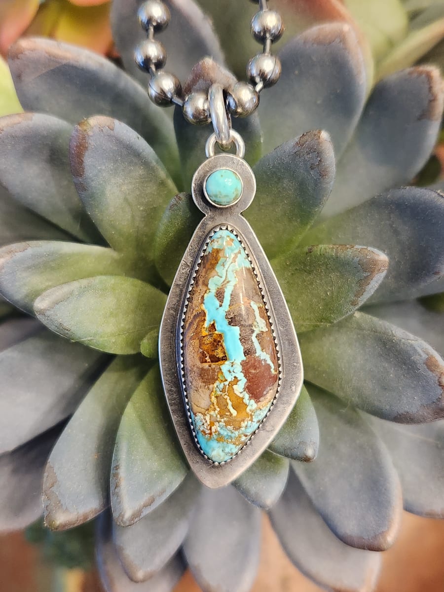 "Butterfly Wing Pendant" - Natural Thunderbird Turquoise with Kingman Accent in Sterling Silver by Shasta Brooks, Image 7.